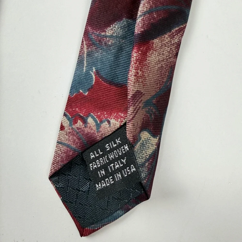 Vintage Christian Dior Monsieur Burgundy Teal Leaf Pattern Silk Tie‎ USA